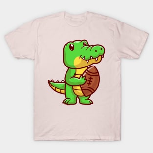 Cute Crocodile Holding Rugby Ball Cartoon T-Shirt